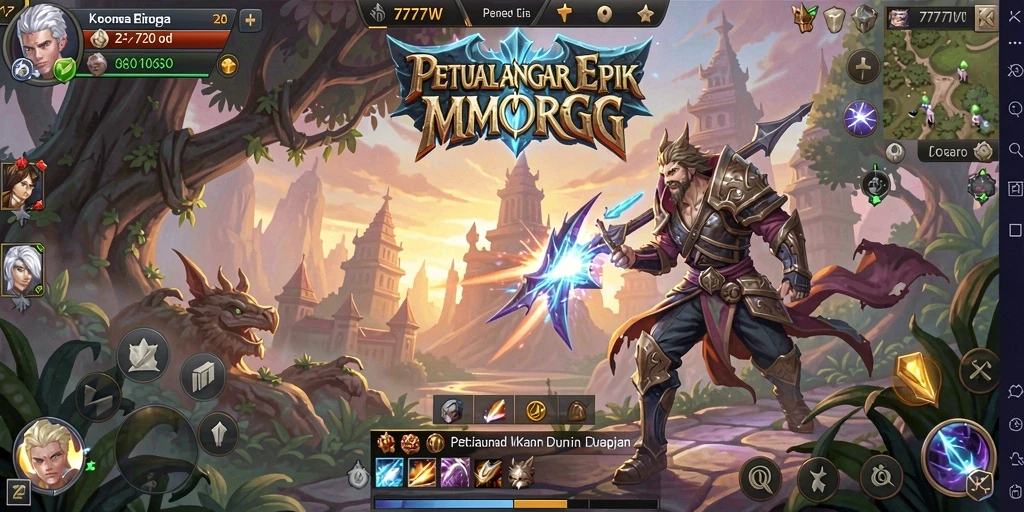 Tangkapan layar gameplay <strong>7777W</strong> yang menampilkan pertarungan epik dalam dunia MMORPG.