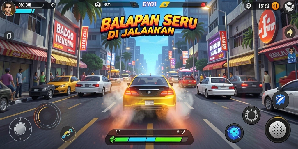 Tampilan seru dari gameplay DYO1 yang menampilkan balapan penuh adrenalin.