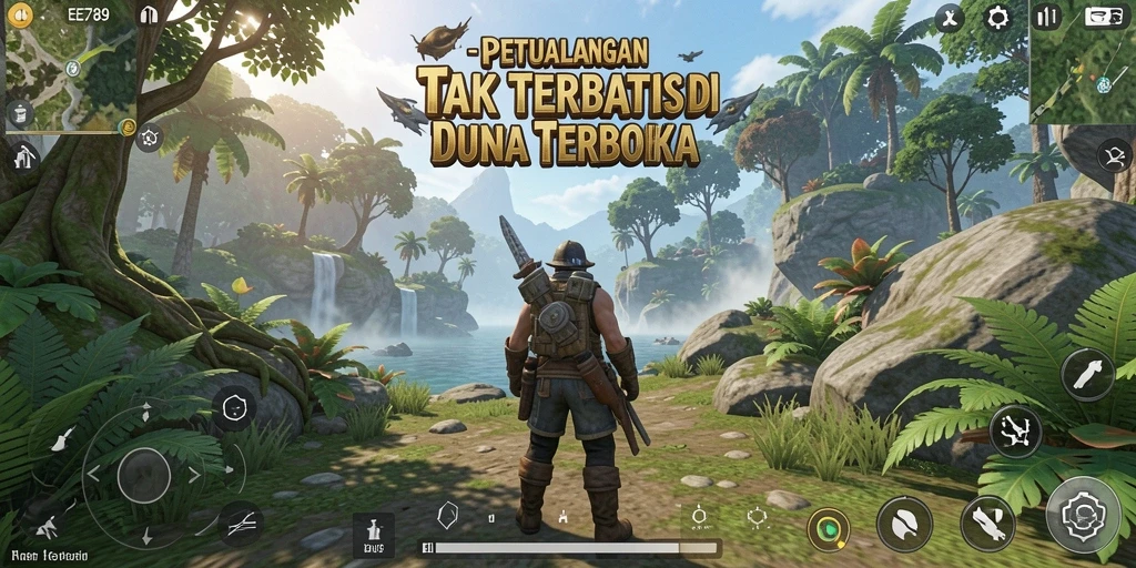 Screenshot gameplay EE789 yang menampilkan petualangan open world.