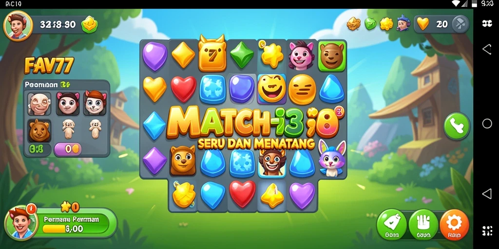 Tampilan gameplay <strong>FAV77</strong> dengan kombinasi warna cerah dan tantangan Match-3.