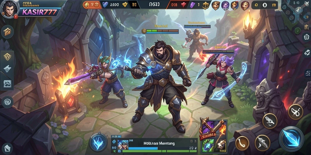 Screenshot utama KASIR777 menampilkan aksi pertarungan seru di arena MOBA.
