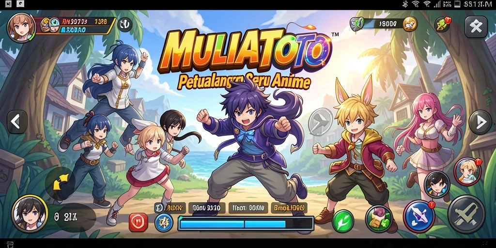 Gameplay seru dalam MULIATOTO dengan karakter anime yang beraksi.