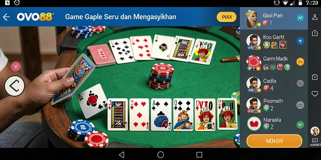 Screenshot OVO88 menampilkan serunya bermain Gaple dengan teman.