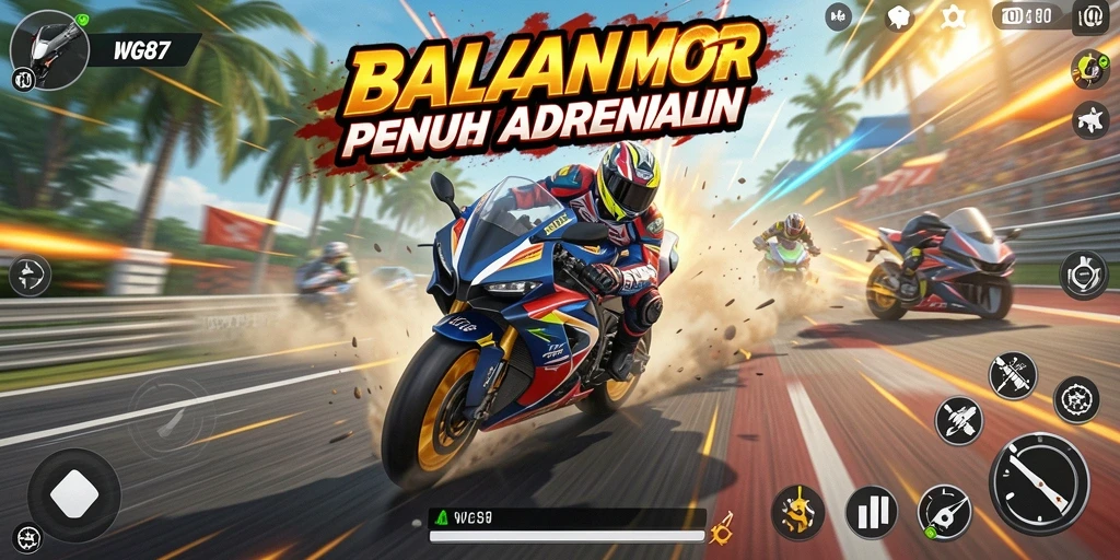 Screenshot utama WG87 menampilkan balapan motor yang seru dan penuh aksi.