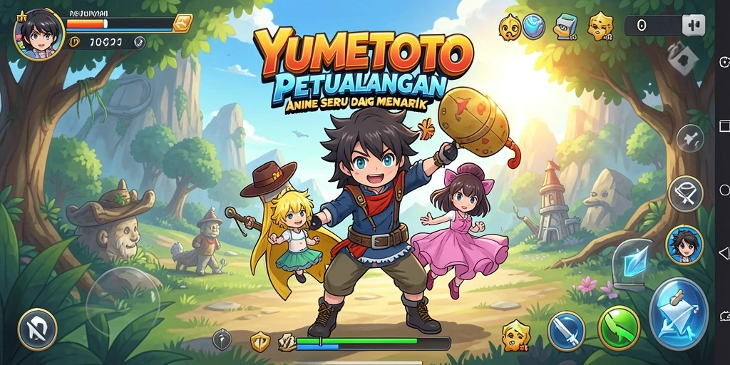 Screenshot gameplay YUMETOTO yang penuh aksi dan karakter menarik.