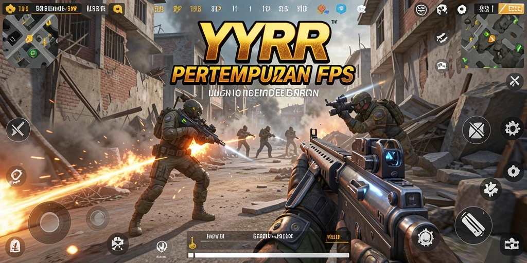 Screenshot gameplay YYRR menunjukkan aksi intens pertempuran FPS.